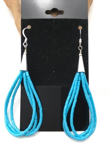 Liquid Silver Heishi Dangle Earrings | Blue Turquoise | Sterling Silver | 3-Strand | 2.5" | 4371
