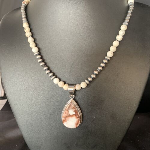 Navajo Pearls Necklace with Wild Horse Turquoise Pendant | Sterling Silver | Authentic Native American Handmade | 13902