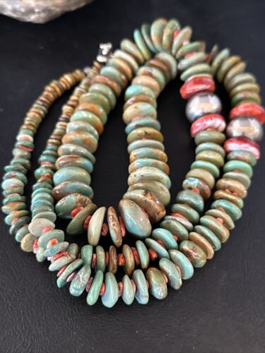 XL Green Turquoise & Red Spiny Oyster Navajo Sterling Silver Necklace | Authentic Native American | 32" | 14790