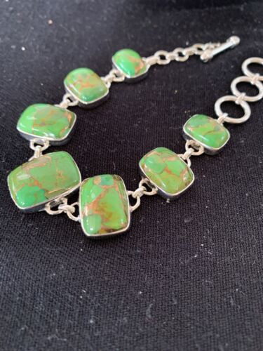 Navajo Green Mojave Turquoise Link Bracelet | Sterling Silver | 8.5" | Authentic Native American Handmade | 662