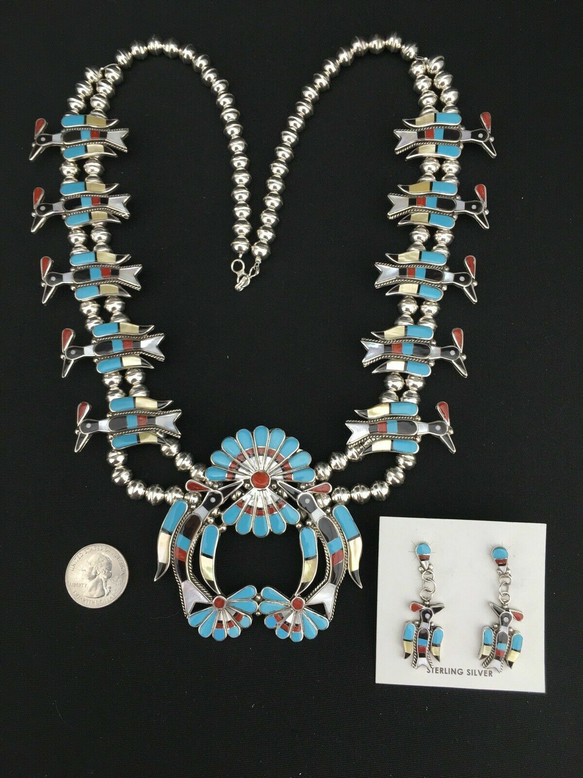 Zuni Peyote Bird Turquoise Squash Blossom Necklace Set | Sterling Silver | Native American Handmade | 1313