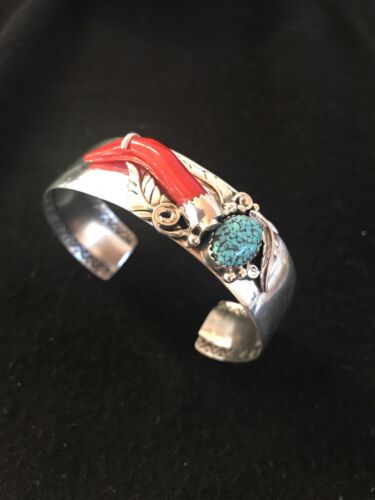 Navajo Spider Web Turquoise Coral Bracelet | Sterling Silver | Authentic Native American Handmade | 11716