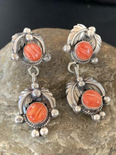 Navajo Red Spiny Oyster Dangle Earrings | Sterling Silver | Authentic Native American Handmade | 2059