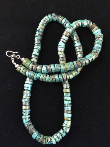 Native American Green Turquoise Heishi Necklace | Sterling Silver | 26" | 13901