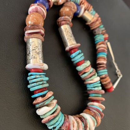 Native American Sterling Silver Necklace | Turquoise, Spiny Oyster, Coral, Lapis | 24" | 11869