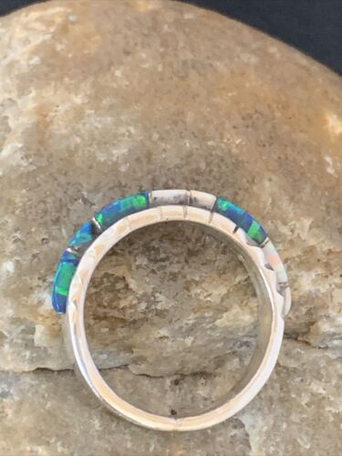 Navajo White Blue Opal Inlay Ring | Sterling Silver | Sz 8.5 | Authentic Native American Handmade | Yazzie | 10620