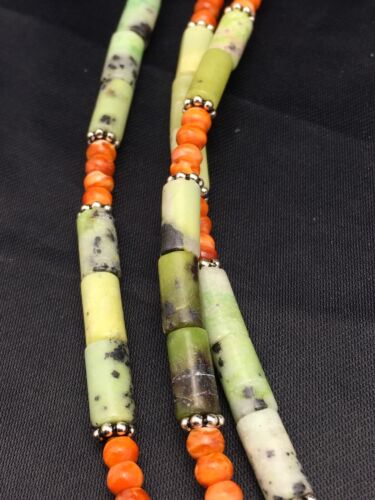 Navajo Green Serpentine & Spiny Oyster Necklace | 3 Strand | Sterling Silver | Authentic Native American Handmade | 4095