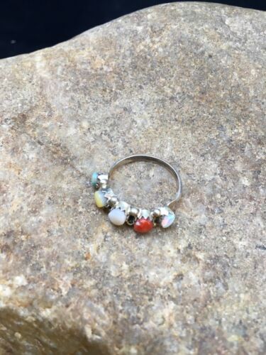 Southwestern Zuni Multi-Stone Ring | Blue Opal Coral Turquoise | Authentic Native American Sterling Silver | Multi-Stone | Sz 5.5 | 9000