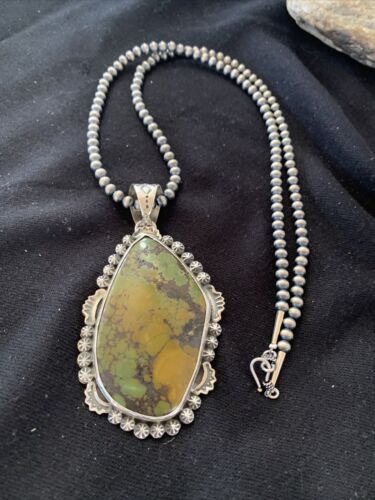 Navajo Green Kingman Turquoise Pendant Necklace | Sterling Silver | Authentic Native American Handmade | 1311