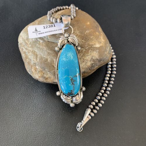 Men's Navajo Pearls Necklace with Blue Kingman Turquoise Pendant | Sterling Silver | Native American Handmade | 12381