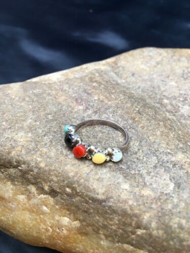 Zuni Blue Opal, Coral & Turquoise Ring | Authentic Native American Sterling Silver | Multi-Stone | Sz 6.5 | 08999