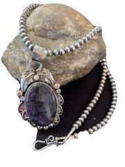 Native American Men's Necklace | Sterling Silver Navajo Pearls with Sugilite Pendant | 1523