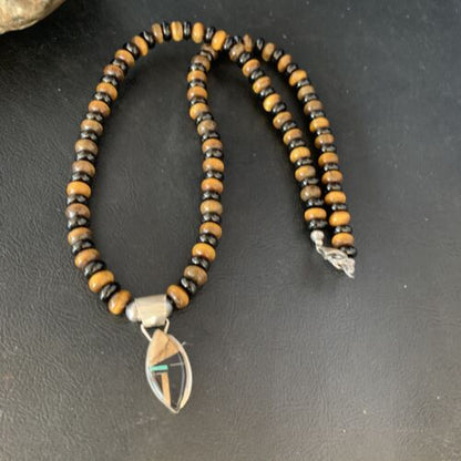 Navajo Sterling Silver Inlay Necklace with Black Onyx, Tigers Eye, Picture Jasper | 22" | 13761
