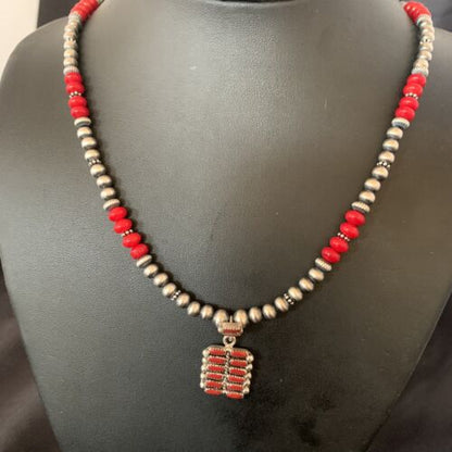 Southwestern Zuni Red Coral Corn Inlay Necklace Pendant | Sterling Silver | 21" | 12588