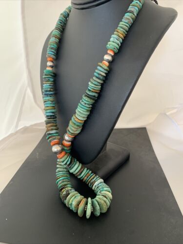 Navajo Graduated Green Turquoise Necklace | Sterling Silver |Authentic Native American | 21" | 00798