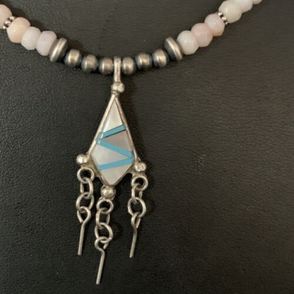 Navajo Mother of Pearl Turquoise Inlay Pendant with Pink Opal Bead Necklace | Sterling Silver | 13457