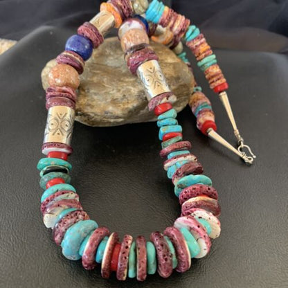 Navajo Turquoise Spiny Oyster Coral Lapis Necklace | Sterling Silver | 24" | 10824
