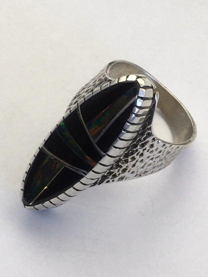 Navajo Multi-Color Opal & Turquoise Inlay Ring | Sterling Silver | Sz 8 | Authentic Native American Handmade | 01613
