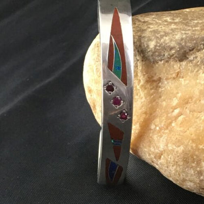Navajo Ruby Coral Lapis Inlay Bracelet | Sterling Silver | Authentic Native American Handmade | 1098