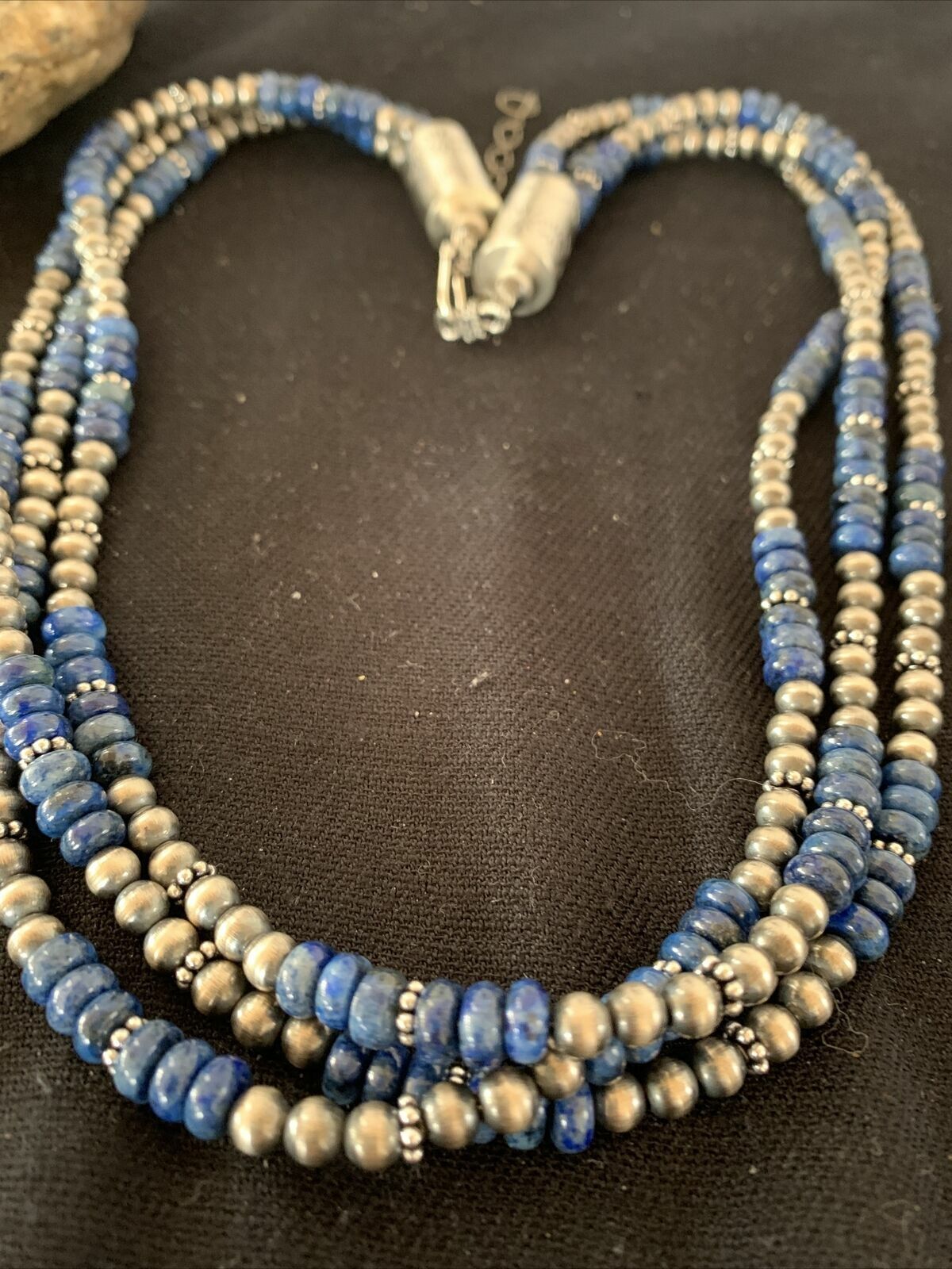 Navajo Pearls Denim Lapis Necklace | 3 Strand Sterling Silver | 21" | Authentic Native American Handmade | 929