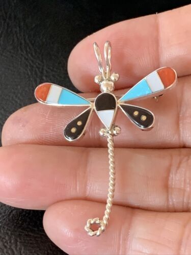 Zuni Turquoise Mother of Pearl Inlay Dragonfly Necklace Pin Pendant | Sterling Silver | 12322