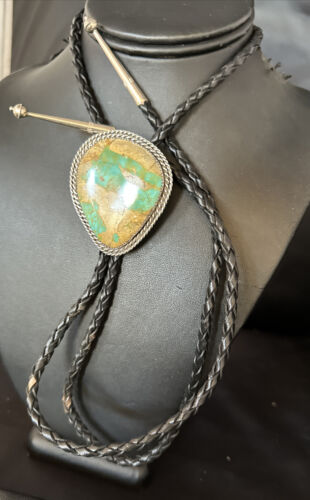 Navajo Green Royston Turquoise Bolo Tie | Sterling Silver | Authentic Native American Handmade | 14520 - Masha USA