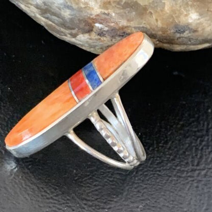 Navajo Red Spiny Oyster Lapis Inlay Ring | Sterling Silver | Sz 5 | Authentic Native American Handmade | 11584