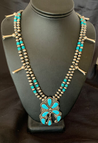 Zuni Sleeping Beauty Turquoise Inlay Necklace | Sterling Silver Squash Blossom | 12232