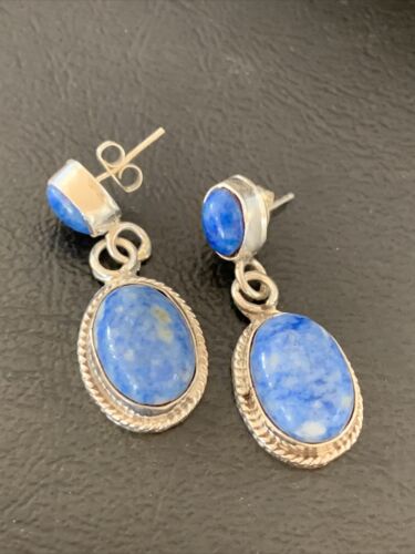 Navajo Denim Lapis Dangle Earrings | Sterling Silver | 1.1" | Authentic Native American Handmade | 1704