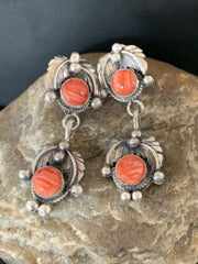 Navajo Red Spiny Oyster Dangle Earrings | Sterling Silver | Authentic Native American Handmade | 2066