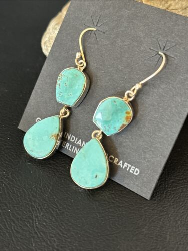 Kingman Turquoise Dangle Earrings | Navajo Handmade | Sterling Silver | Authentic Native American | 14579