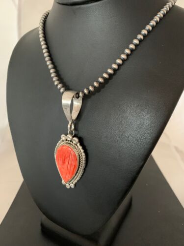 Navajo Spiny Oyster Pendant with Pearls | Sterling Silver Necklace | Authentic Native American Handmade | 4684