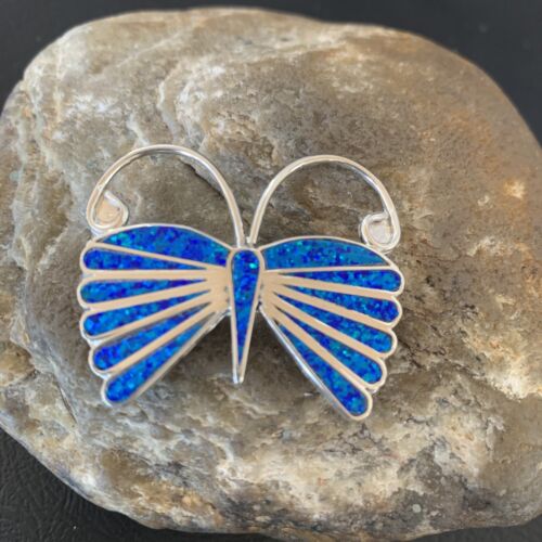 Navajo Blue Opal Butterfly Sterling Silver Necklace Pin Pendant | 11973