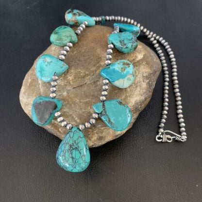Southwestern Navajo Pearls Necklace | Sterling Silver | Blue Turquoise Teardrop | 13150