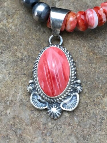 Navajo Red Spiny Oyster Pendant Necklace | Sterling Silver | Authentic Native American Handmade | 2690