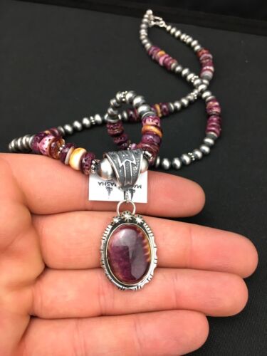 Navajo Purple Spiny Oyster Bead Necklace | Sterling Silver | Authentic Native American Handmade | 4583