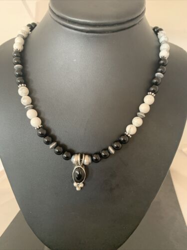 Navajo Black Onyx & White Buffalo Pendant Necklace | Sterling Silver | Authentic Native American Handmade | 01099