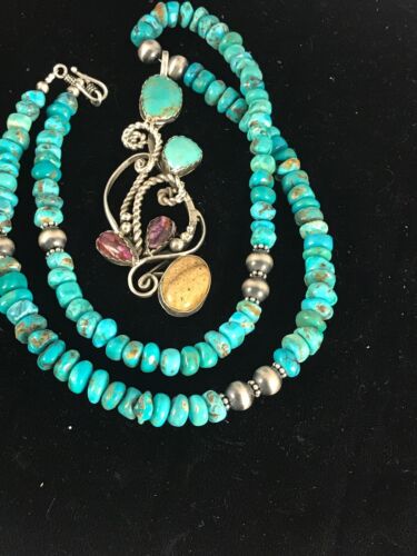 Navajo Blue Turquoise & Spiny Oyster Multi-Stone Pendant Necklace | Authentic Native American Sterling Silver | 8487 - Masha USA