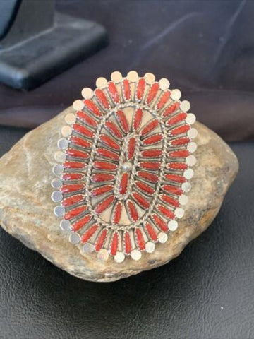 Southwestern Zuni XL Red Coral Sterling Silver Needle Point Ring Set8 11563