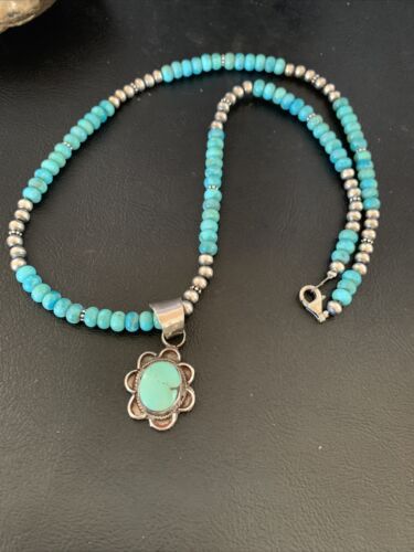 Navajo Blue Turquoise Pendant Necklace | Sterling Silver Pearls | Authentic Native American Handmade | 13219