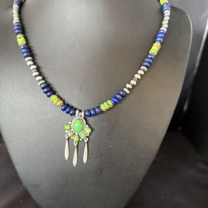 Navajo Green Turquoise Lapis Multi-Stone Necklace Pendant | Authentic Native American Sterling Silver | 14615