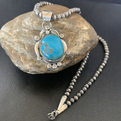 Men's Navajo Pearls Necklace with Blue Kingman Turquoise Pendant | Sterling Silver | Native American Handmade | 12596