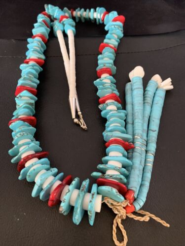 Native American Santo Domingo Blue Turquoise Red Coral Nugget Bead Jacla Necklace | 34" | 13197
