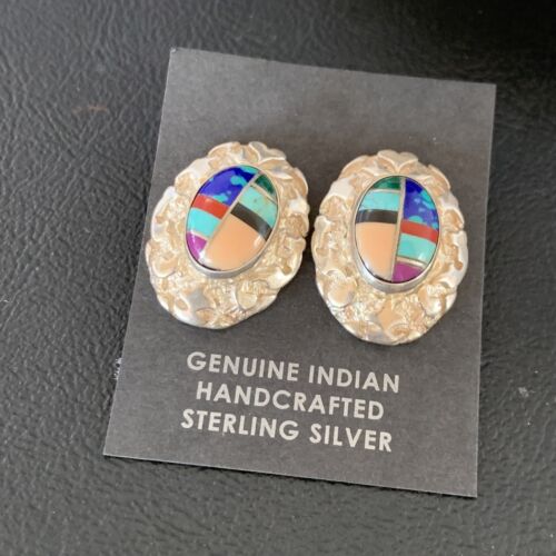 Women's Multi-Color Blue Turquoise Nugget Earrings | Sterling Silver | Authentic Native American Handmade | 13014