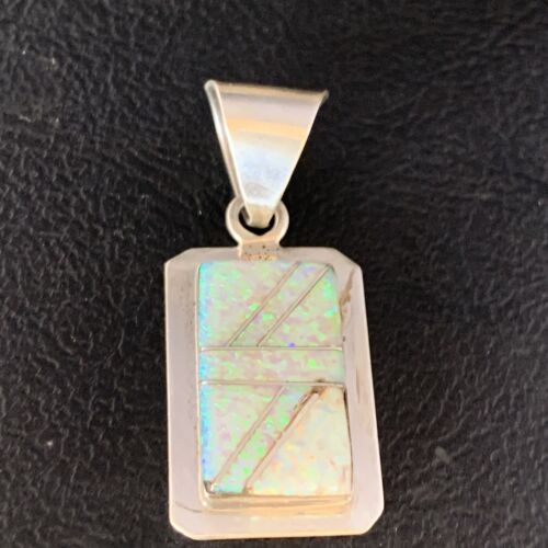 Navajo Sterling Silver White Pink Faux Opal Inlay Pendant | 1.5" | Authentic Native American Handmade | 13555