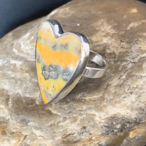 Navajo Sterling Silver Yellow Heart Bumble Bee Jasper Ring | Sz 8 Adjustable | Handmade Jewelry | 14023