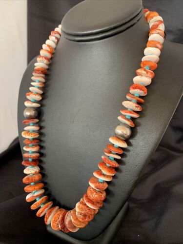 Navajo Spiny Oyster Turquoise Necklace | Sterling Silver | Graduated 22" | Authentic Native American | 10643 - Masha USA