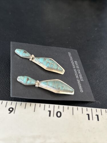 Navajo Blue Turquoise Inlay Earrings | Sterling Silver | 1" | Authentic Native American Handmade | 14775
