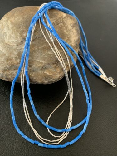 Navajo Denim Lapis Tube Beads Necklace | 5-Strand Liquid Silver Heishi | Sterling Silver | 02179 - Masha USA