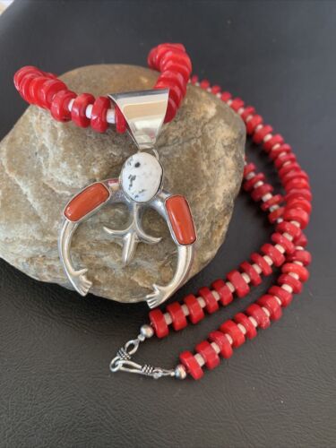 Navajo White Buffalo Turquoise Coral Naja Pendant | Sterling Silver | Authentic Native American Handmade | 10519